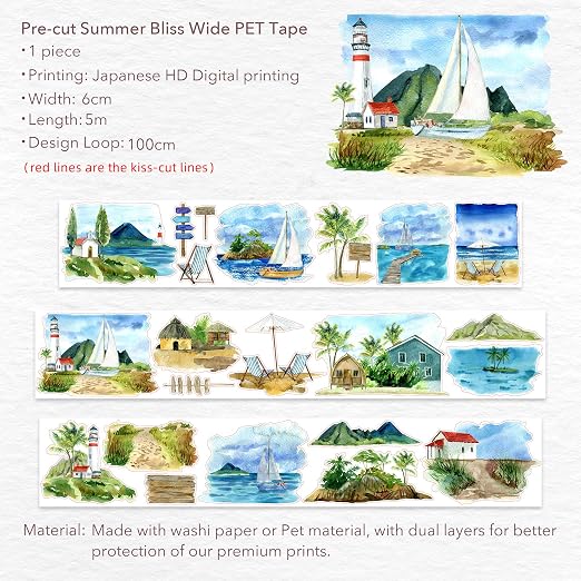 WT Pre-Cut Summer Bliss Transparent PET Tape for Journaling & Scrapbooking