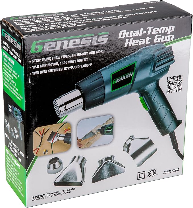 Genesis GHG1500A Dual Temperature Heat Gun Kit With Fast Heat High And Low Settings 572F/1000F, Air Reduction Nozzle, Reflector Nozzle, And Two Deflector Nozzles with 2 Year Warranty | 572F or 1000F, For Shrink Tubing, For Crafting, For Vinyl Wrap, 4 A...