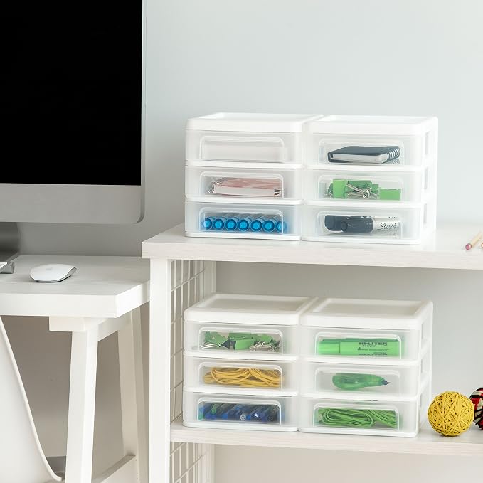 IRIS USA 4-Pack 3-Drawer Small Desktop Organizer, Stackable, White