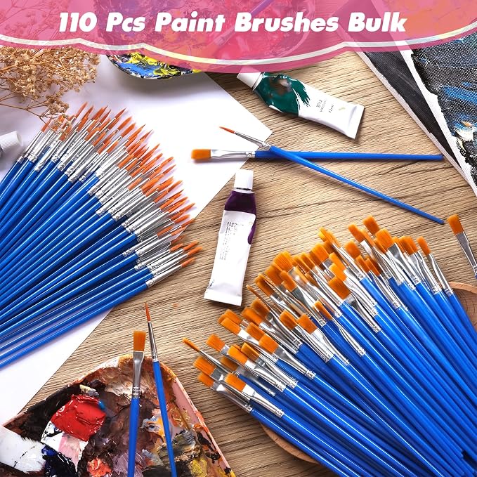Small Paint Brushes Bulk, 110 Pcs Flat Tip Round Acrylic Paint Brushes for Kids Classroom Acrylic Watercolor Canvas Face Painting Touch Up