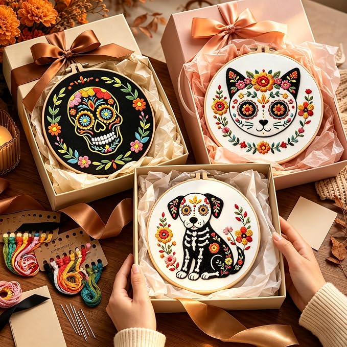 Nuberlic 3 Pack Sugar Skull Embroidery Kit for Beginners, Day of the Dead