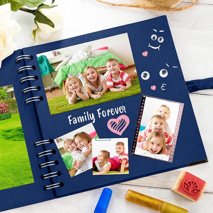 Bstorify Square Scrapbook Photo Albums 7 x 7 Inch Blue Hardcover with Ribbon Closure - Ideal for Scrapbooking, Art & Craft Projects | Hardcover with Thick 200 GSM Kraft Paper, Ideal for Your Scrapbooking Albums, Art & Craft Projects (Blue, 7 x 7 Inch)