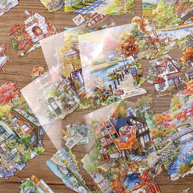 PET Autumn Sticker 20 Sheets 150 Pre-Cut Fall Stickers for Scrapbooking Landscape Scrapbook Sticker Transparent Stickers for journaling
