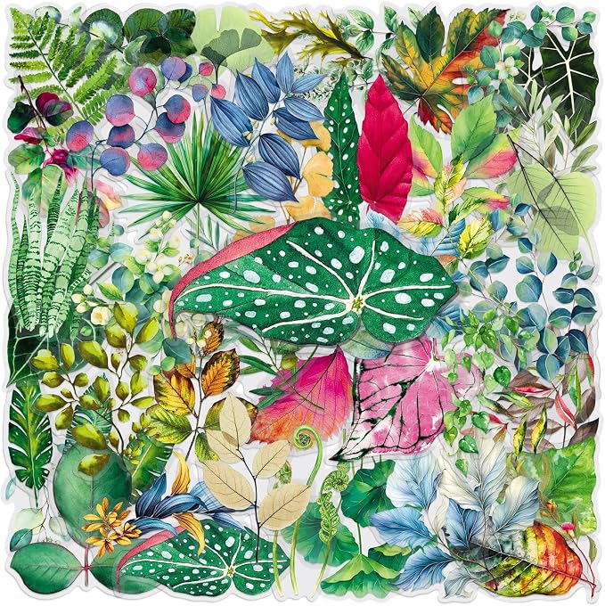 50Pcs Fresh Leaf Transparent Stickers Pack,Aesthetic Green Leaf Decor for Laptop Gifts for Kids Teens Adults Waterproof Vinyl PET Foliage Stickers for Scrapbook Bike Party (Colourful-F2)