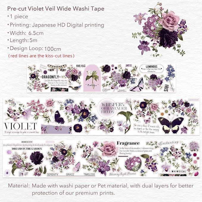 WT Pre-Cut Violet Veil Wide Washi Tape, Single Roll, Soft Lilac Florals & Misty Backgrounds with Script, Decorative Japanese Paper for Journaling, Scrapbooking, Planner, DIY Crafts, 65mm x 5m