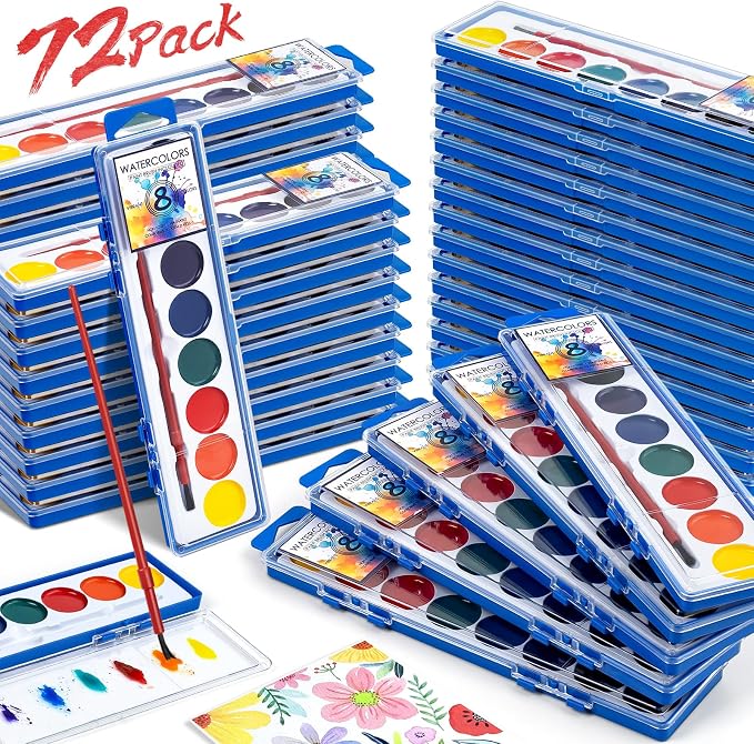 72 Pack Watercolor Paint Set, Washable Water Color Paint Bulk for Kids | Water Color Paint with Brushes, Ideal Gifts for Party Favors, School Supplies & Classroom Prizes, Art Activities, 8 Colors