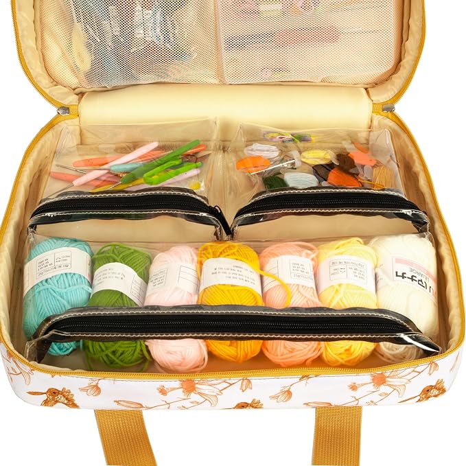 Portable Square Cross Stitch Starter Kits Bag Embroidery Project Bag Embroidery Tool Storage Tote Bag with Multifunctional Pockets, Bag Only (Bird Pattern)