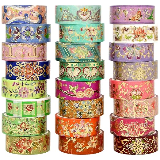Washi Tape Set 24 Rolls Gold Foil Floral - Gift Box for Scrapbooking