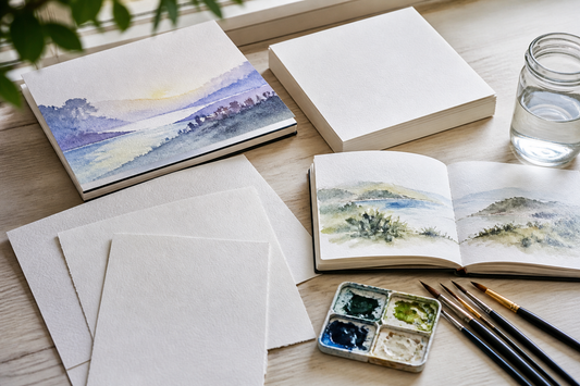 Watercolor pads, a paper block, loose sheets, and a sketchbook arranged with brushes and a palette on a studio table