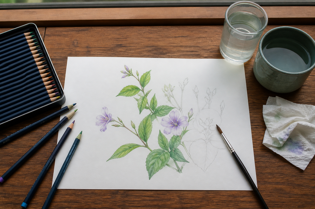 Watercolor pencil workspace with watercolor paper, colored pencils, brushes, two water containers, and a partially painted botanical study