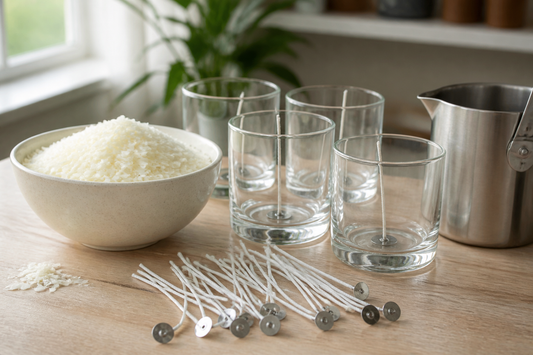 Soy wax flakes, cotton wicks, and clear candle jars arranged as an integrated container candle setup
