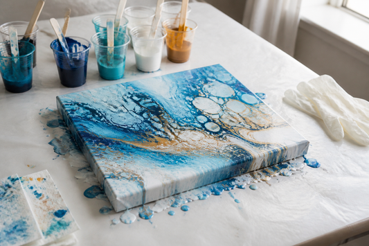 Finished multicolor acrylic pour on a small canvas with paint cups and mixing tools on a protected workspace