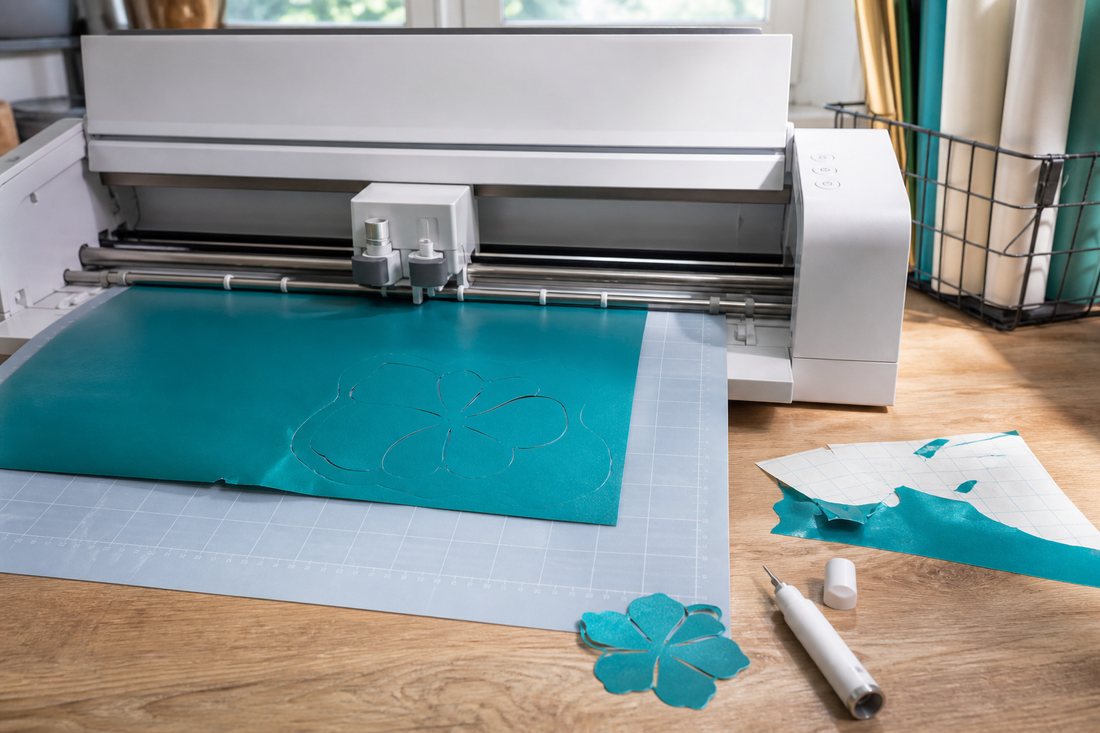 Desktop cutting machine with a cutting mat, partially cut vinyl, blade holder, scraps, and a small test cut in a craft workspace