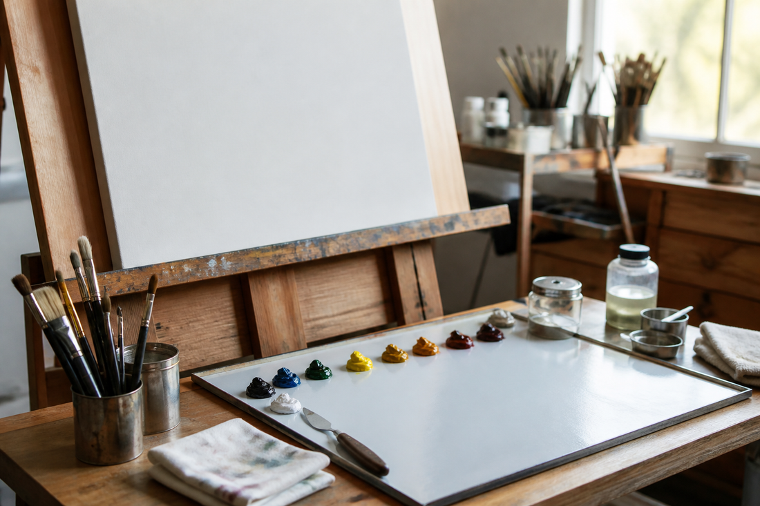Organized wet-on-wet oil painting workspace with a primed canvas, separated oil colors, brushes, palette knife, and rags