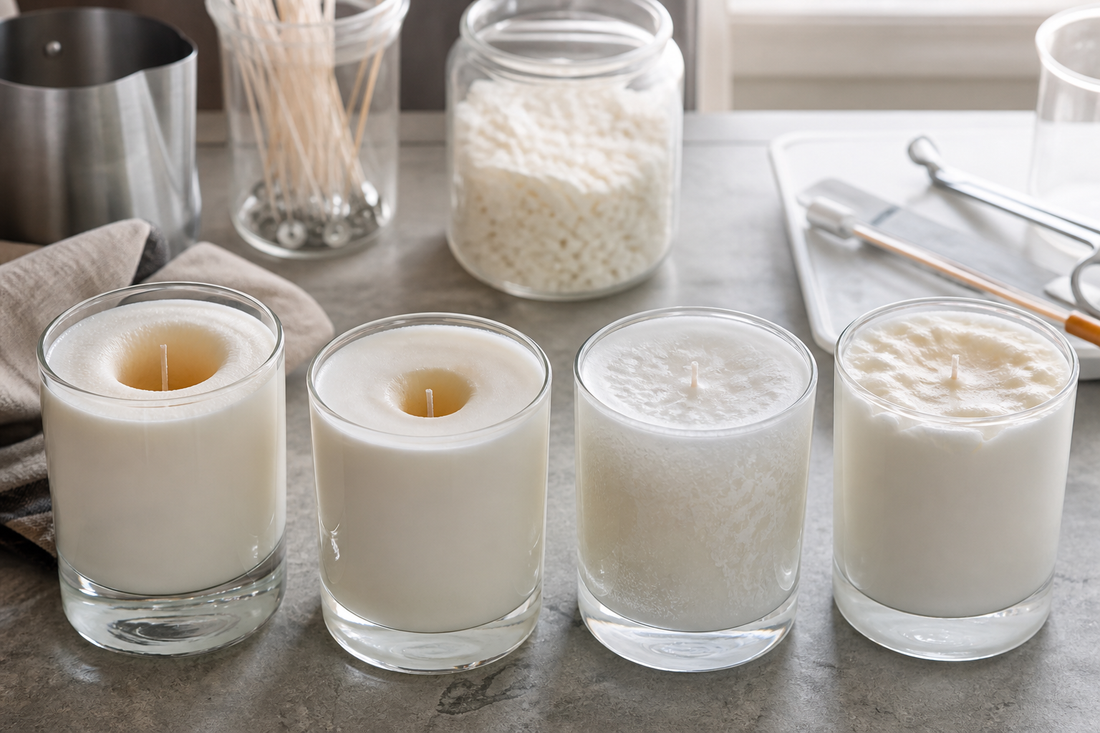 Several unbranded container candles displaying tunneling, a sinkhole, frosting, and uneven tops in a candle-making workspace