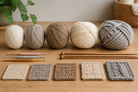 Fine, sport, medium, bulky, and chunky yarn skeins arranged from thinnest to thickest beside crochet hooks, knitting needles, and sample swatches