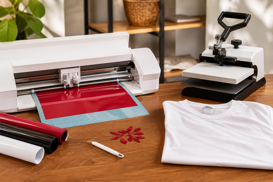 Heat transfer vinyl project showing a cutting machine, vinyl on a mat, weeding tools, a small heat press, and a garment ready for application