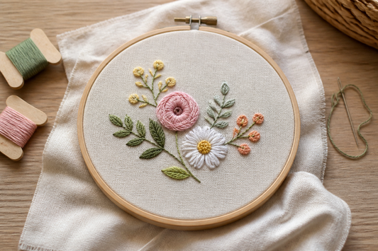 Embroidery hoop holding centered fabric with a simple design and smooth, even tension