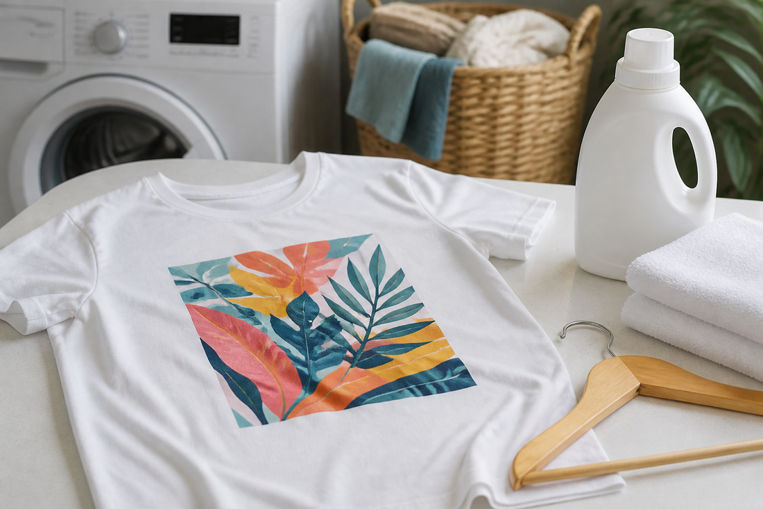 Heat transfer vinyl shirt with laundry care items in a home laundry setting