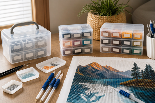Organized diamond painting workspace with separated drill organizers, tools, and an unfinished canvas