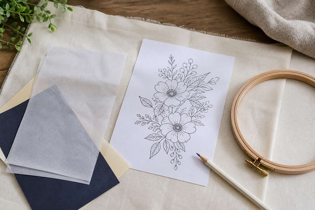 Embroidery pattern, fabric, hoop, and transfer materials arranged for planning a design transfer
