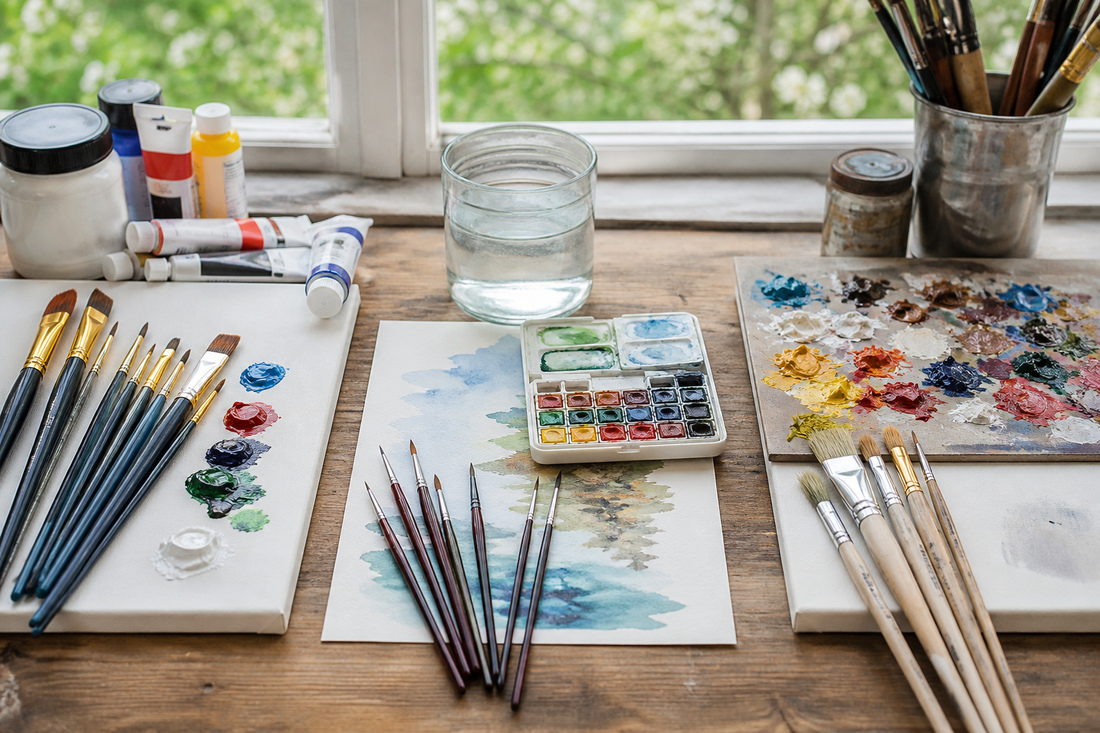 Acrylic, watercolor, and oil paint brushes arranged with their different paints and painting surfaces