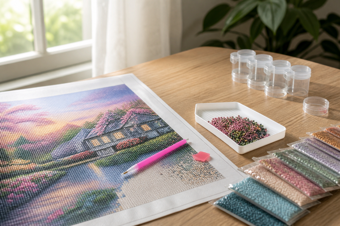 Beginner diamond painting workspace with a partially completed canvas, tray, applicator, wax, drills, and storage containers on a clean table