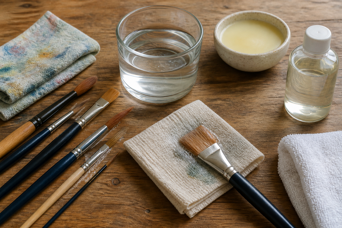 Artist paint brushes being cleaned with water, cloth, and brush-cleaning supplies