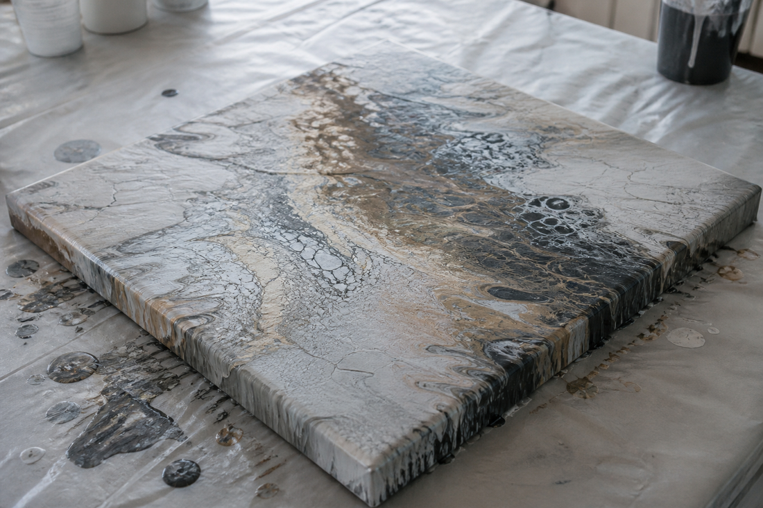 Failed acrylic pour showing hairline cracks, muddy overmixed colors, thin coverage, and paint pooling along one edge