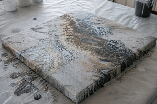 Failed acrylic pour showing hairline cracks, muddy overmixed colors, thin coverage, and paint pooling along one edge