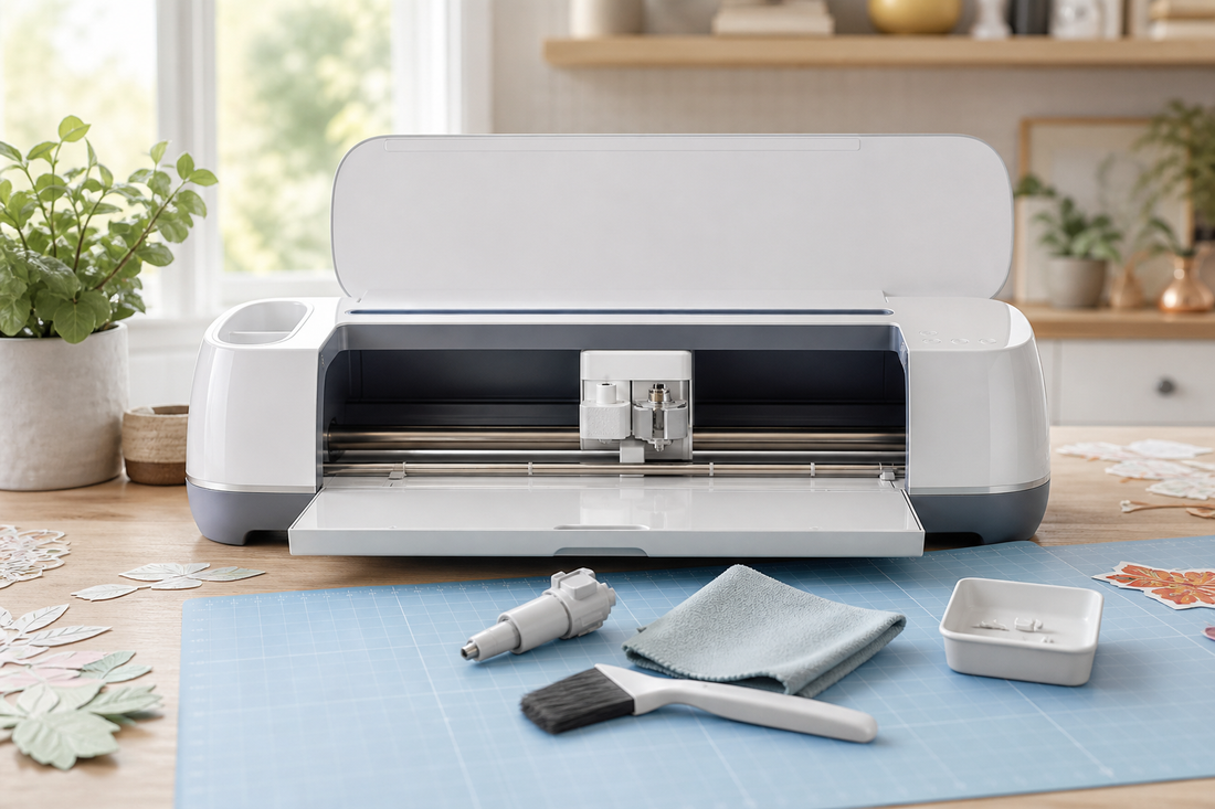 Desktop craft cutting machine with its cutting mat, blade holder, soft brush, lint-free cloth, and small parts container arranged on a tidy worktable