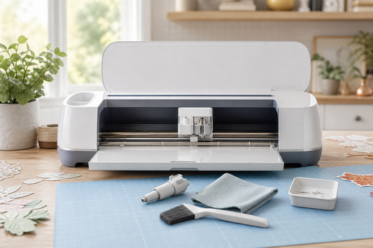 Desktop craft cutting machine with its cutting mat, blade holder, soft brush, lint-free cloth, and small parts container arranged on a tidy worktable