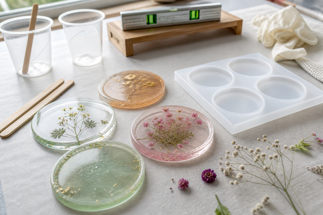 Finished clear and lightly colored resin coasters arranged beside a silicone mold and basic mixing supplies