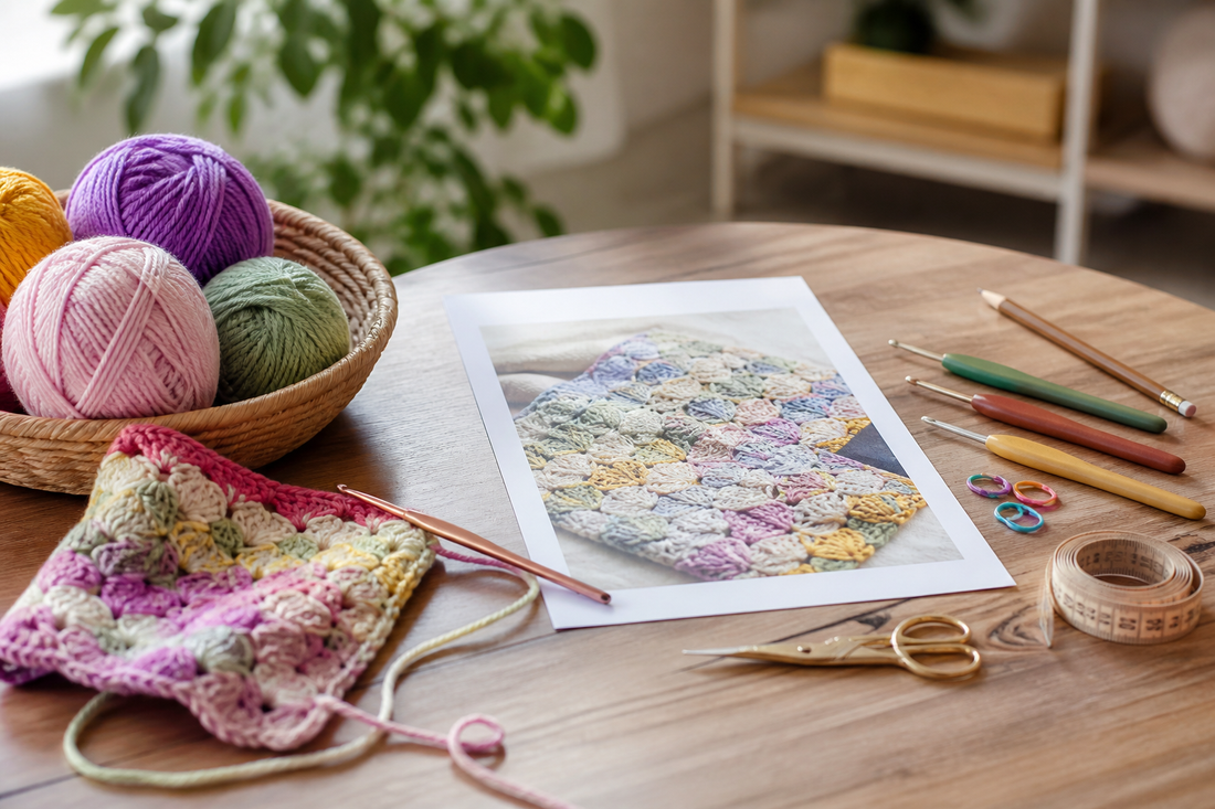 Organized crochet pattern-reading workspace with yarn, hooks, stitch markers, and a partially completed project