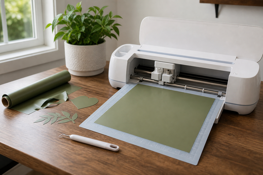 Desktop cutting machine with a secured vinyl sheet on a cutting mat and simple cut shapes nearby