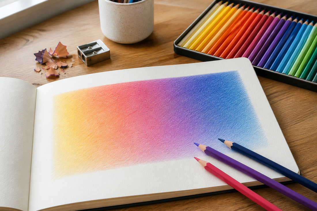 Colored pencils arranged beside a sketchbook showing a smooth layered color blend