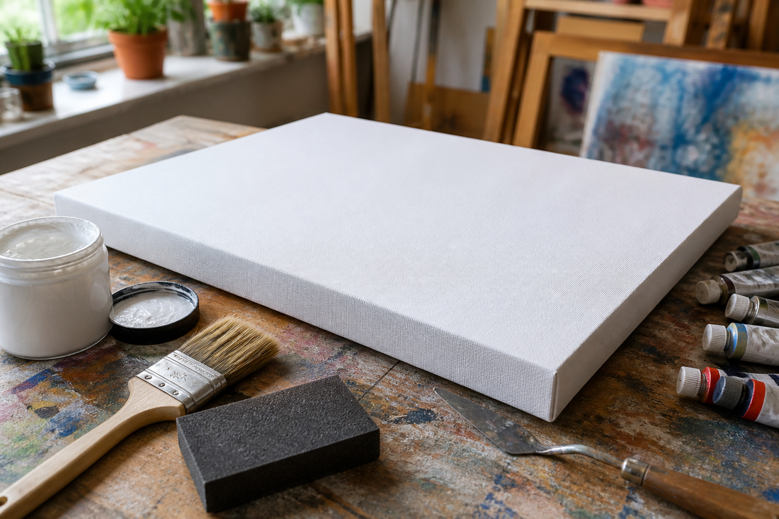 Primed stretched canvas with gesso, soft brush, sanding block, and acrylic and oil painting supplies arranged for surface preparation