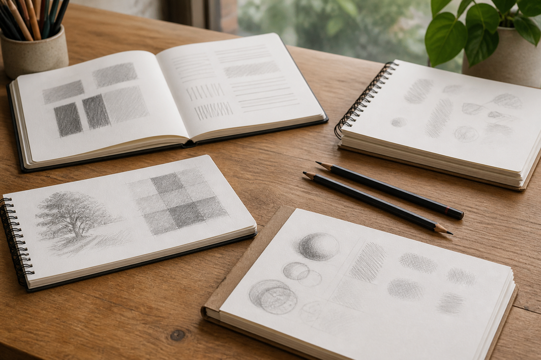 Several sketchbooks of different sizes and bindings arranged with graphite and colored pencils on a studio desk