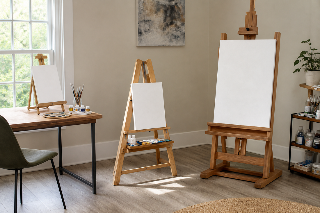 Tabletop, A-frame, and H-frame easels shown in one realistic home painting workspace