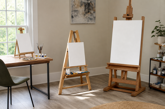 Tabletop, A-frame, and H-frame easels shown in one realistic home painting workspace