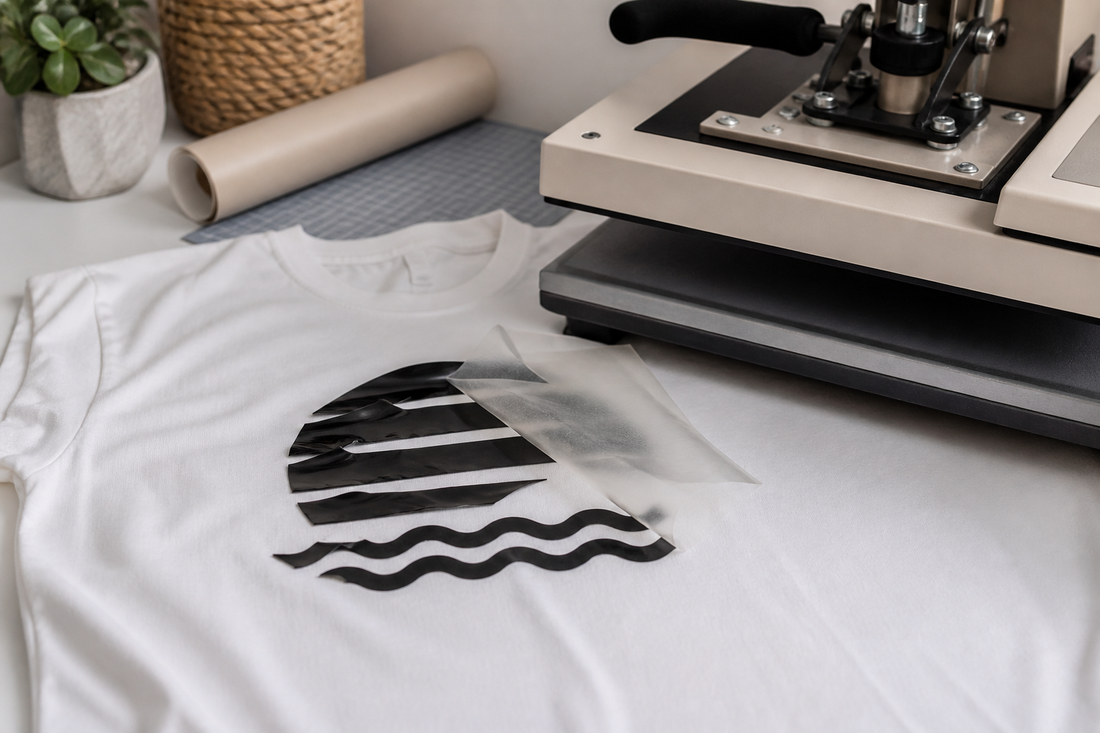Heat transfer vinyl design on a cotton shirt with peeling edges beside a heat press