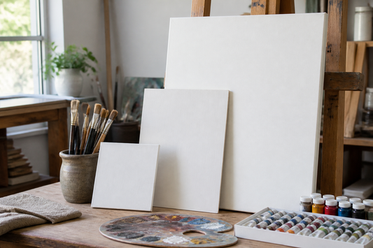 Canvas and rigid painting panels in small, medium, and large formats with acrylic and oil painting supplies