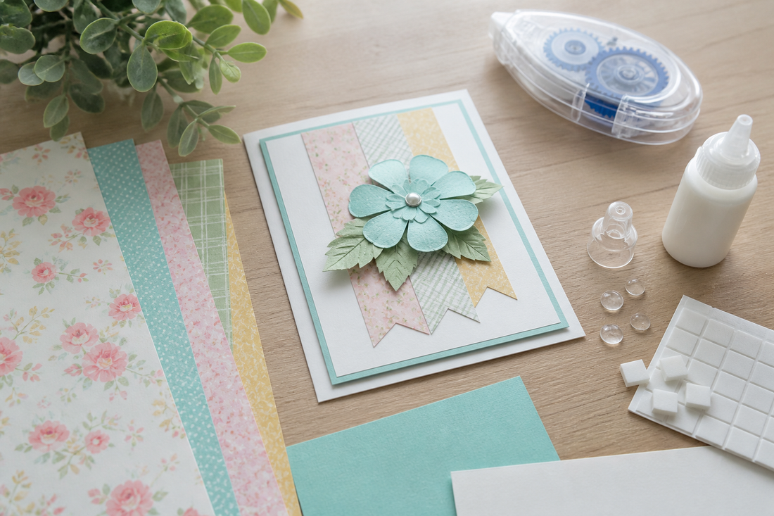Scrapbook materials and different adhesive formats arranged around a paper project