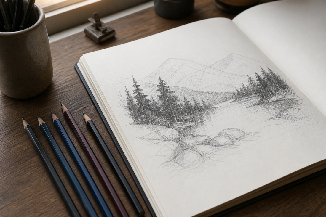 A compact range of hard, medium, and soft graphite pencils beside a sketchbook with light construction lines and darker shading tests