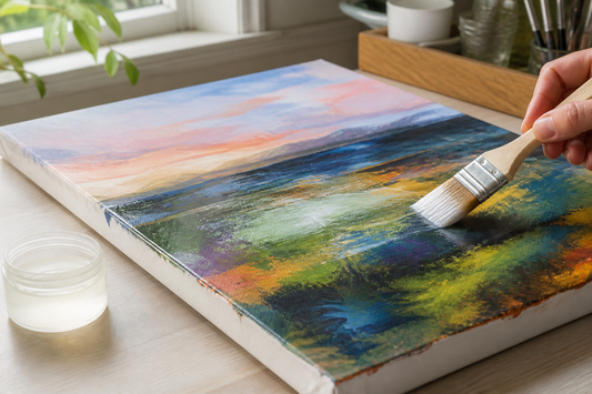Wide brush applying a thin coat of clear varnish to a colorful acrylic painting on canvas