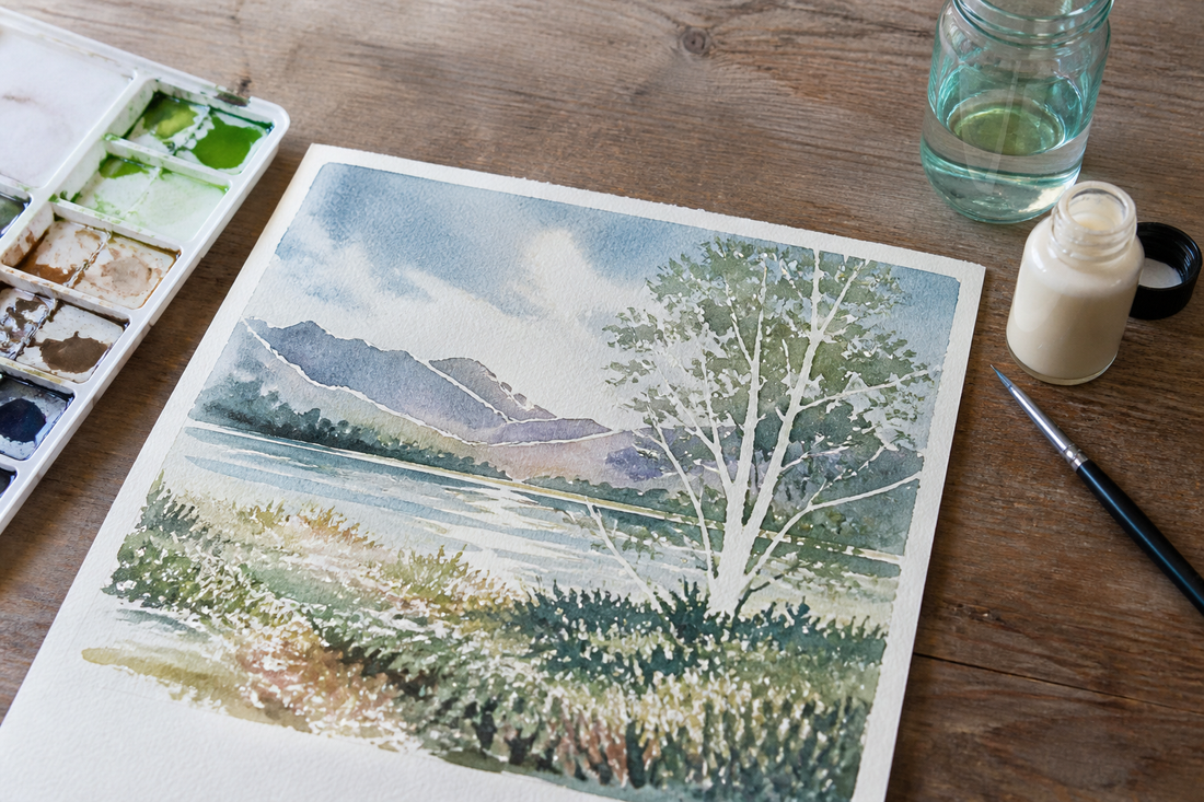 Watercolor masking fluid preserving small white highlights and branches in a partially painted landscape