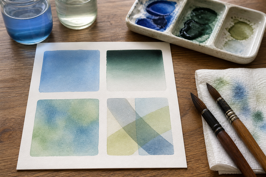 Watercolor workspace with flat, graded, variegated, and layered wash studies on paper