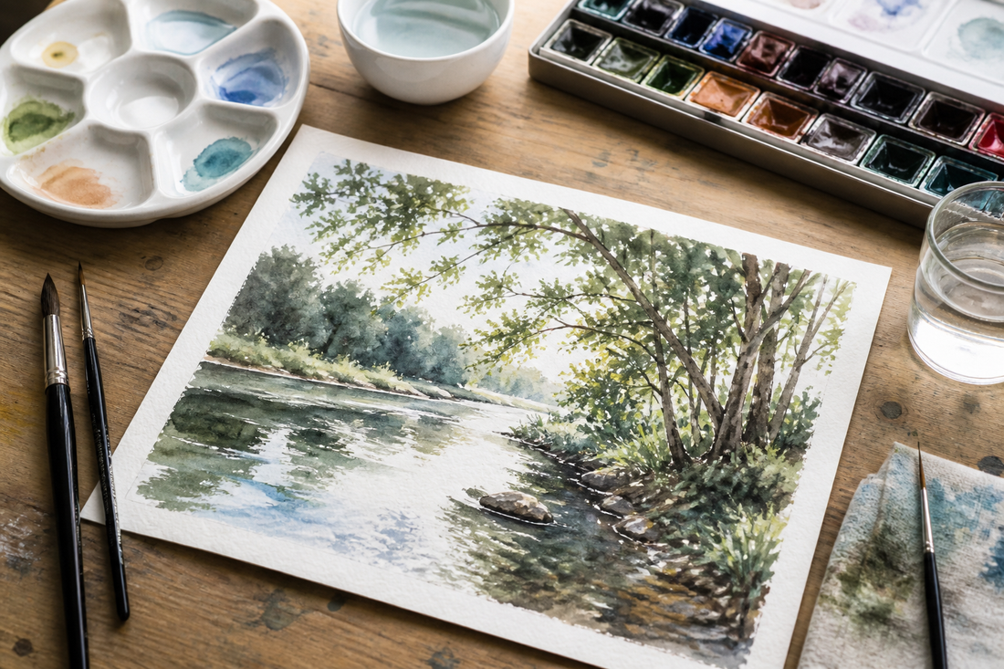 Watercolor study with bright highlights on leaves and reflective water beside brushes, palette, and cotton watercolor paper