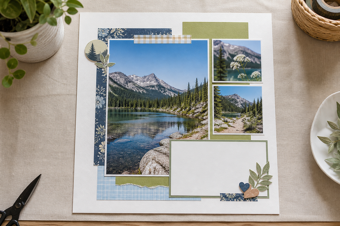 Finished balanced scrapbook page with a prominent photo, supporting photos, layered paper, open space, and coordinated embellishments
