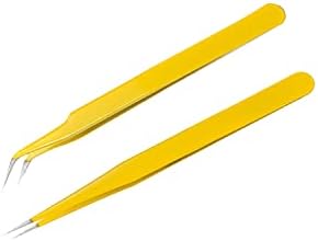 MAXLEAF 2pcs Stainless Tweezers Straight Curved Tweezers for Stickers Eyelash Extensions Precision Electronics Nail Rhinestone Jewelry, Scrapbooking Tools (Yellow)
